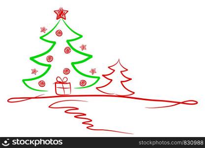 Red Abstract Christmas Tree with Stars for Greeting Card, Stock Vector Illustration