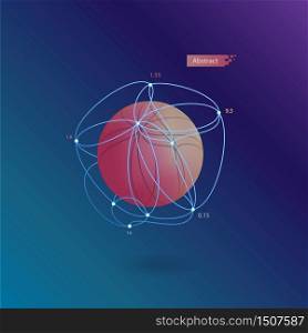 red abstract volumetric sphere in a blue grid on a dark blue background. Lowpoly geometric shape. Vector illustration
