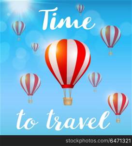 Red air balloons flying in the blue sky and lettering. Travel concept. Vector illustration.. Red air balloons flying in the blue sky