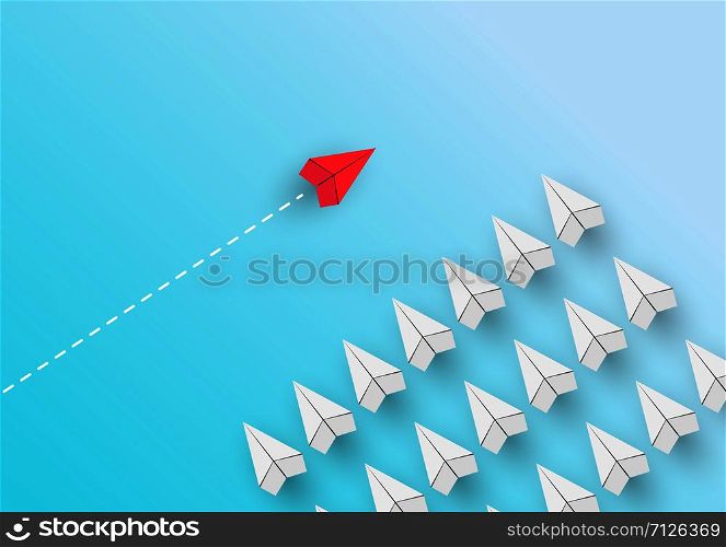 red airplane flies across the course of a group of white airplanes. Conceptual plot on the topic of business or career growth.