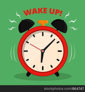 Red alarm clock, wake up, flat style, vector eps10 illustration. Alarm Clock