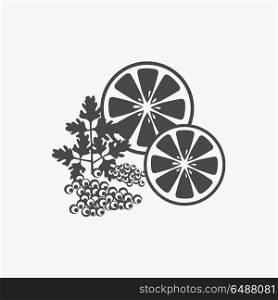 Red and Black Caviar Template Vector Illustration. Elegant delicacies from the sea concept in monochrome variant. Seafood illustration for packaging, logos, and patterns. Caviar filed with lemon and herbs.