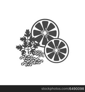 Red and Black Caviar Template Vector Illustration. Elegant delicacies from the sea concept in monochrome variant. Seafood illustration for packaging, logos, and patterns. Caviar filed with lemon and herbs.