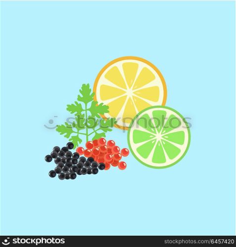 Red and Black Caviar Template Vector Illustration. Red and black caviar pattern. Elegant delicacies from the sea concept in flat style design. Seafood illustration for packaging, logos, and patterns. Caviar filed with lemon and herbs.