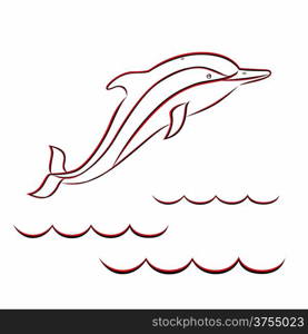 Red and black contour of a dolphin in the sea waves. Hand drawing vector illustration. Contour of a dolphin in red and black colors