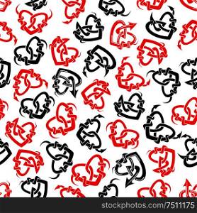 Red and black heart tattoos seamless pattern for background or Valentine holiday design. Red and black heart tattoos seamless pattern