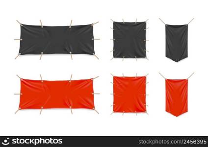 Red and black pennants and banners isolated on white background. Vector realistic mockup of 3d blank square and rectangle canvas streamers and pennons hanging with ropes. Red and black banners and pennants