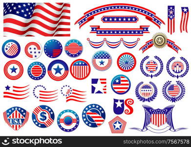 Red and blue patriotic American badges and labels with flag, banners, round labels, shields and wreaths in the colour and pattern of the Stars and Stripes