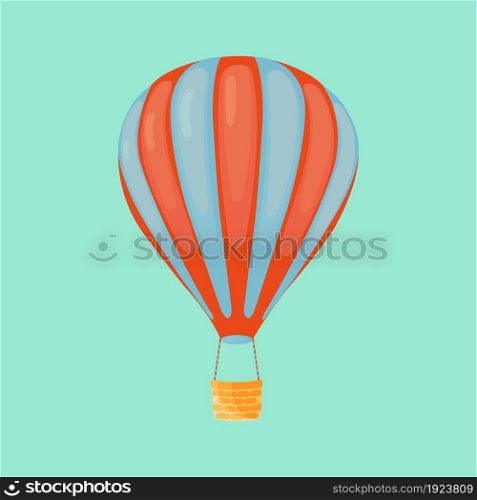 Red and blue striped hot air balloon with basket isolated turquoise background. Hot air balloon for outdoor travel.Cartoon style.Adventure tourism.. Hot air balloon for outdoor travel