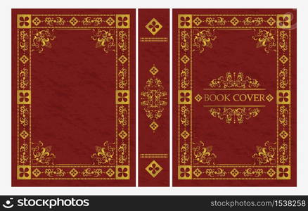 Red and gold ornament of classical book cover vector flat illustration. Decorative vintage frame or border for printing on royal retro style covers of books isolated on white background. Red and gold ornament of classical book cover vector flat illustration