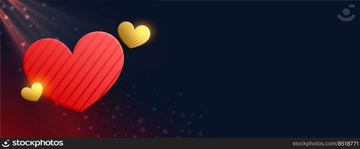 red and golden hearts with light rays banner design