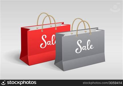 Red and Gray paper bag, Shopping sale, with rope handles, mock up design, on gray background, Eps 10 vector illustration
