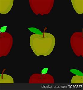 Red and green apples seamless pattern on black background. Vector illustration.. Red and green apples seamless pattern on black.