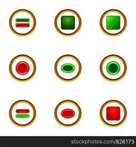 Red and green button icons set. cartoon style set of 9 red and green button vector icons for web design. Red and green button icons set, cartoon style