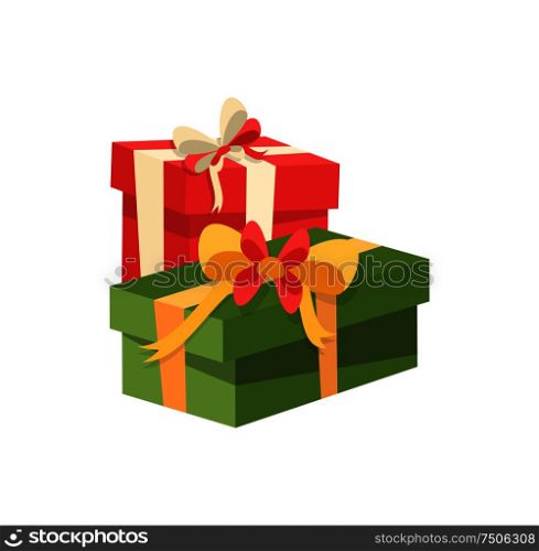 Red and green packages boxes, decorated by satin tape, surprise on Christmas and New Year, topped by bow. Wrapped Xmas presents icon isolated vector. Red and Green Packages Boxes, Decorated by Tape