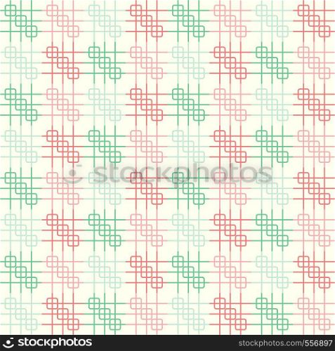 Red and green rounded corner rectangle and line seamless pattern on pastel background. Grid shape on vintage geometric style for modern or graphic design.