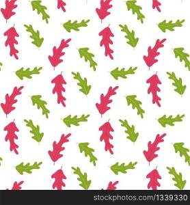 Red and Green Trees Leaves on White. Summer Seamless Pattern. Cartoon Oak Foliage Design. Vector Flat Endless Illustration. Summertime Textile Print. Trendy Natural Wallpaper and Background. Red and Green Trees Leaves Summer Seamless Pattern