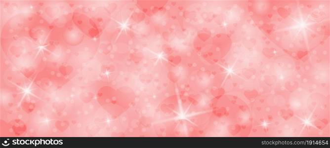Red and pink background with bokeh elements, hearts and twinkling stars for postcards, banners, greetings and creative design. Flat style.