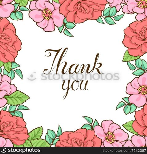 Red and pink flower frame on white background. The word thank you is in the middle. Vector illustration. Perfect for element, frame, card, etc.