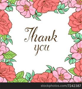 Red and pink flower frame on white background. The word thank you is in the middle. Vector illustration. Perfect for element, frame, card, etc.