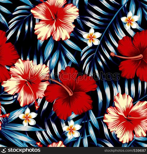 Red and pink hibiscus flower on a background of palm leaves and plumeria in a trendy blue vector style. Hawaiian tropical natural floral seamless pattern
