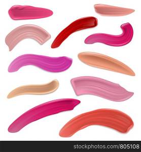 Red and pink lipstick smears, beauty makeup lip cream strokes vector set isolated on white background. Smear lipstick paint stroke illustration. Red and pink lipstick smears, beauty makeup lip cream strokes vector set isolated on white background