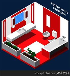 Red and white bath room interior with plumbing and decoration from plants isometric composition vector illustration. Bath Room Interior Isometric Composition