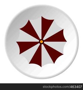 Red and white beach umbrella icon in flat circle isolated vector illustration for web. Red and white beach umbrella icon circle