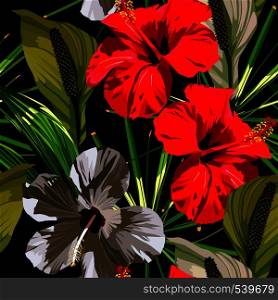 Red and white hibiscus flowers with green leaves on a black background. Vector pattern, seamless