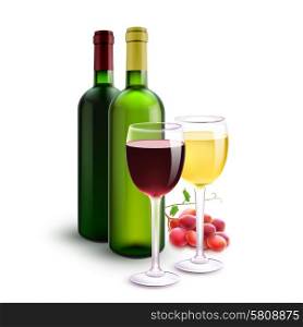 Red and white realistic wine bottles set with glasses and grape bunch vector illustration. Red And White Wines