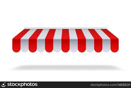 Red and white sunshade for marketplace or shop. Open awning with striped canvas for circus or store.Red canopy for cafe on isolated background. vector illustration. Red and white sunshade for marketplace or shop. Open awning with striped canvas for circus or store.Red canopy for cafe on isolated background. vector