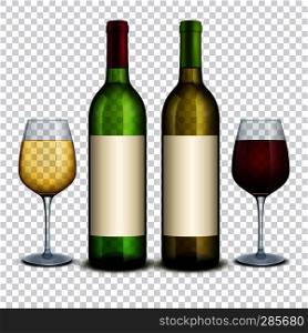 Red and white wine in bottles and wineglasses vector mockup. Red wine bottle and alcohol product drink and wineglass. Red and white wine in bottles and wineglasses vector mockup