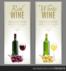 Red and white wine paper banner vertical set with glass bottles and grapes isolated vector illustration. Wine Banner Set