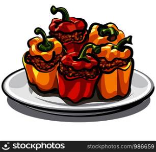 red and yellow stuffed bell peppers with mince and rice, baked vegetables. stuffed bell peppers