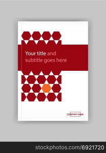 Red Annual report with geometric figures hexagon. Book cover design, journal template, banner, presentation, flyer, article background. Vector.