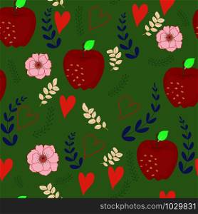 Red apple and pink flower seamless pattern. Flat cartoon style. vector design for wrapping paper, background, cards, fabric.. Red apple and pink flower seamless pattern.