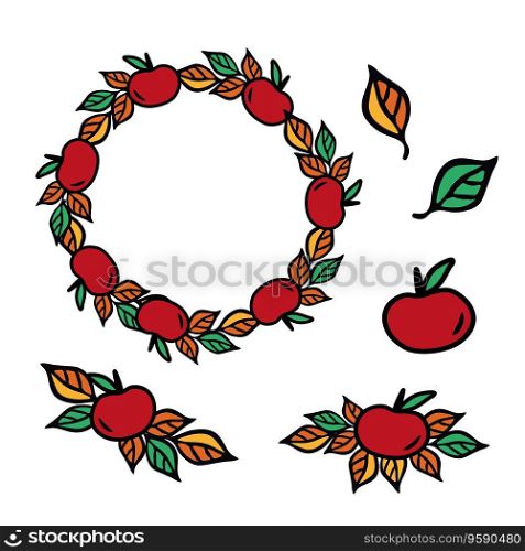 Red apple clip art. Fall harvest wreath , hand drawn vector illustration for card or invite. Red apple clip art Fall harvest wreath , hand drawn vector illustration for card or invite