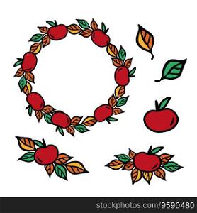 Red apple clip art. Fall harvest wreath , hand drawn vector illustration for card or invite. Red apple clip art Fall harvest wreath , hand drawn vector illustration for card or invite