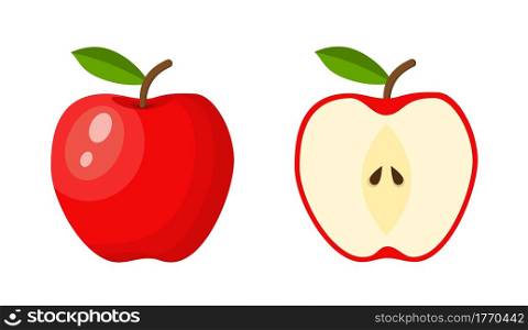 red apple food icon. Green apple fruit whole and half. Summer fruits for healthy lifestyle. Vector illustration in flat style. red apple food icon.