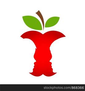 Red apple fruit with man and woman silhouette, love concept, stock vector illustration
