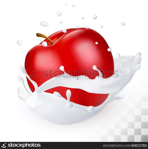 Red apple in a milk splash on a transparent background. Vector.