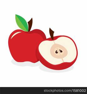 red apple on the white, flat apple with slice and leaf, tasty and healthy food. red apple on the white background