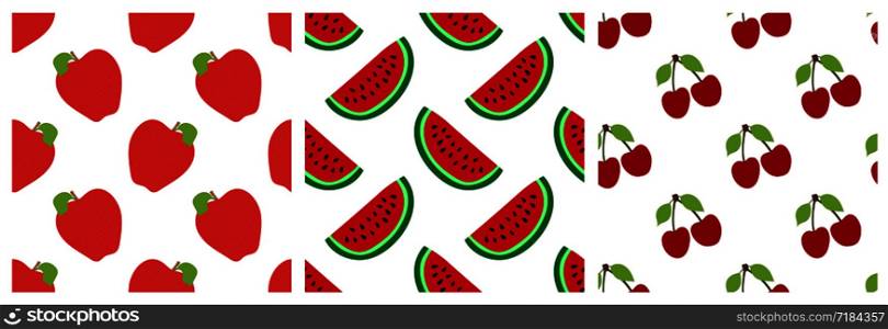 Red apple, watermelon and cherry. Fruit seamless pattern set. Fashion design. Food print for clothes, linens or curtain. Hand drawn vector sketch background collection. Sweet berry