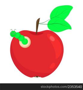 Red apple with a caterpillar. Caterpillar character eating apple cartoon. Apple with worm vector isolated illustration
