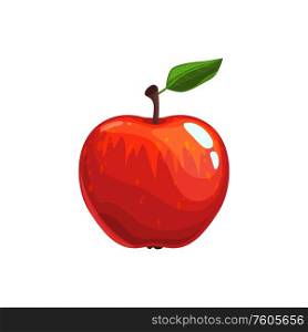 Red apple with green leaf isolated summer or autumn fruit. Vector vegetarian dieting food. Apple with leaf isolated autumn or summer fruit