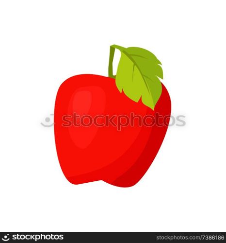 Red apple with green leaf pastel depiction isolated. Tree-run ripe rubicund pome fruit applique as cartoon illustration for informative material.. Pastel Cartoon Red Apple Fruit with Green Leaf
