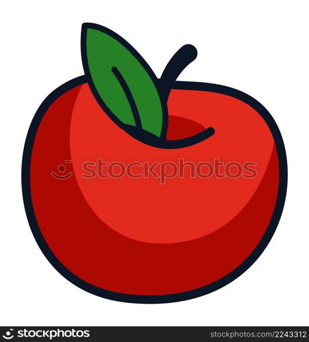 Red apple with leaf. Bright cartoon fruit. Education symbol isolated on white background. Red apple with leaf. Bright cartoon fruit. Education symbol