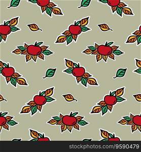 Red apple with leaves seamless pattern for textile, scrapbook or wallpaper, fall harvest vector background. Red apple with leaves seamless pattern for textile, scrapbook or wallpaper, autumn harvest vector background