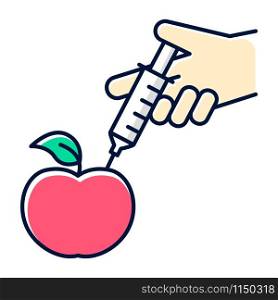 Red apple with syringe color icon. Genetically modified food, fruits. Organic chemistry. DNA modification. Changing product genome. Agricultural modern technologies. Isolated vector illustration