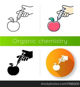 Red apple with syringe icon. Genetically modified food. Organic chemistry. DNA modification. Agricultural technologies. Flat design, linear, black and color styles. Isolated vector illustrationss. Red apple with syringe icon. Genetically modified food. Organic chemistry. DNA modification. Agricultural technologies. Flat design, linear, black and color styles. Isolated vector illustrations